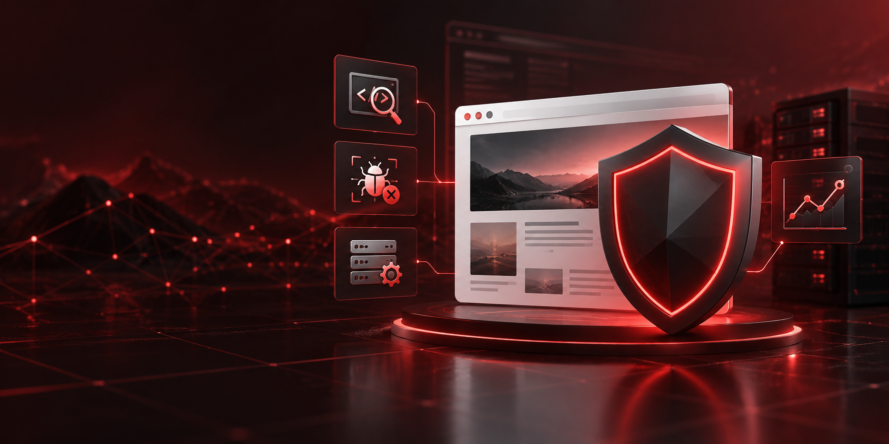 A protected website surrounded by security assessment, malware removal, server hardening and monitoring symbols